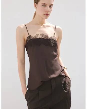 Top de satin cu dantela, Maro inchis
