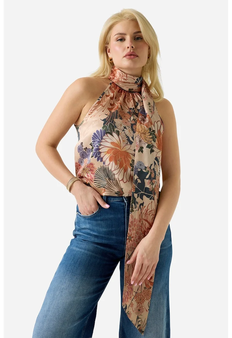 Top cu decolteu halter si imprimeu floral, Multicolor