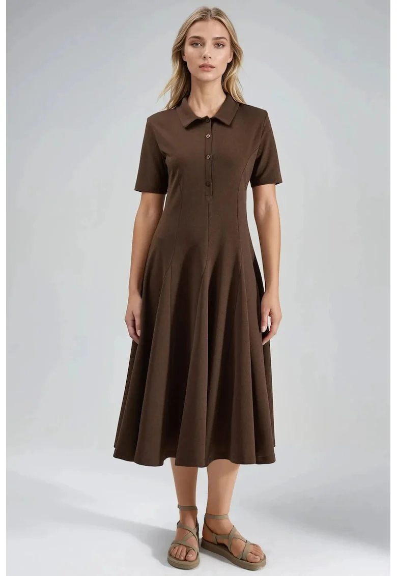 Rochie Midi A-Line  guler de camasa, maro cafea, jerseu