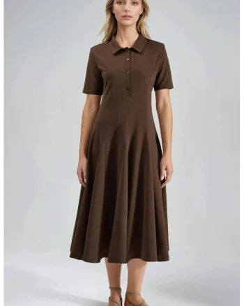 Rochie Midi A-Line  guler de camasa, maro cafea, jerseu
