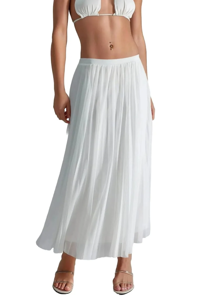 Fusta maxi,  Talie inalta, Alb, Textil