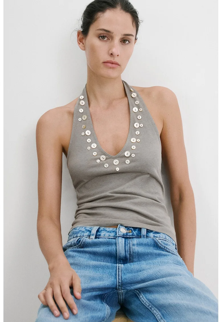 Top halter de bumbac si in, Gri inchis