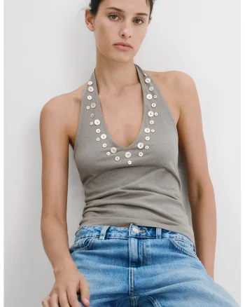 Top halter de bumbac si in, Gri inchis