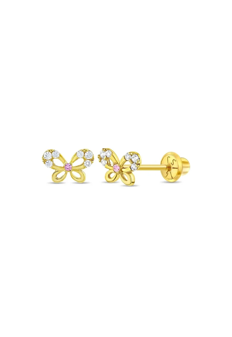 Cercei din Aur 14K pentru Copii, in forma de Fluture cu Pietre Albe si Roz CZ, inchidere cu Filet si Protectie