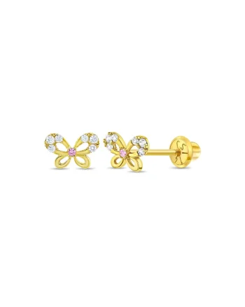 Cercei din Aur 14K pentru Copii, in forma de Fluture cu Pietre Albe si Roz CZ, inchidere cu Filet si Protectie