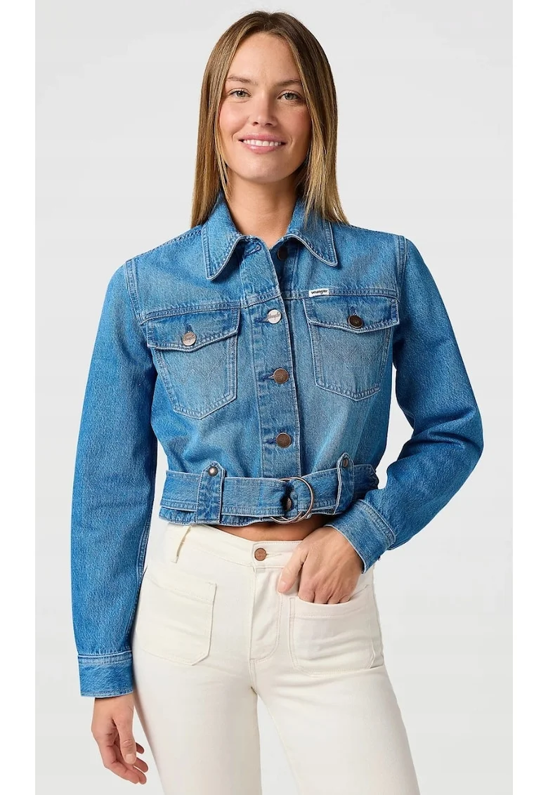 Geaca denim femei  model Katana, scurta, albastru, 100% bumbac, cu curea reglabila, doua buzunare cu clapeta