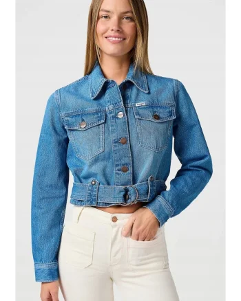 Geaca denim femei  model Katana, scurta, albastru, 100% bumbac, cu curea reglabila, doua buzunare cu clapeta