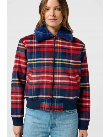 Geaca de dama  Aviator, carouri rosu-bleumarin-galben-albastru-alb, captusita, regular fit,