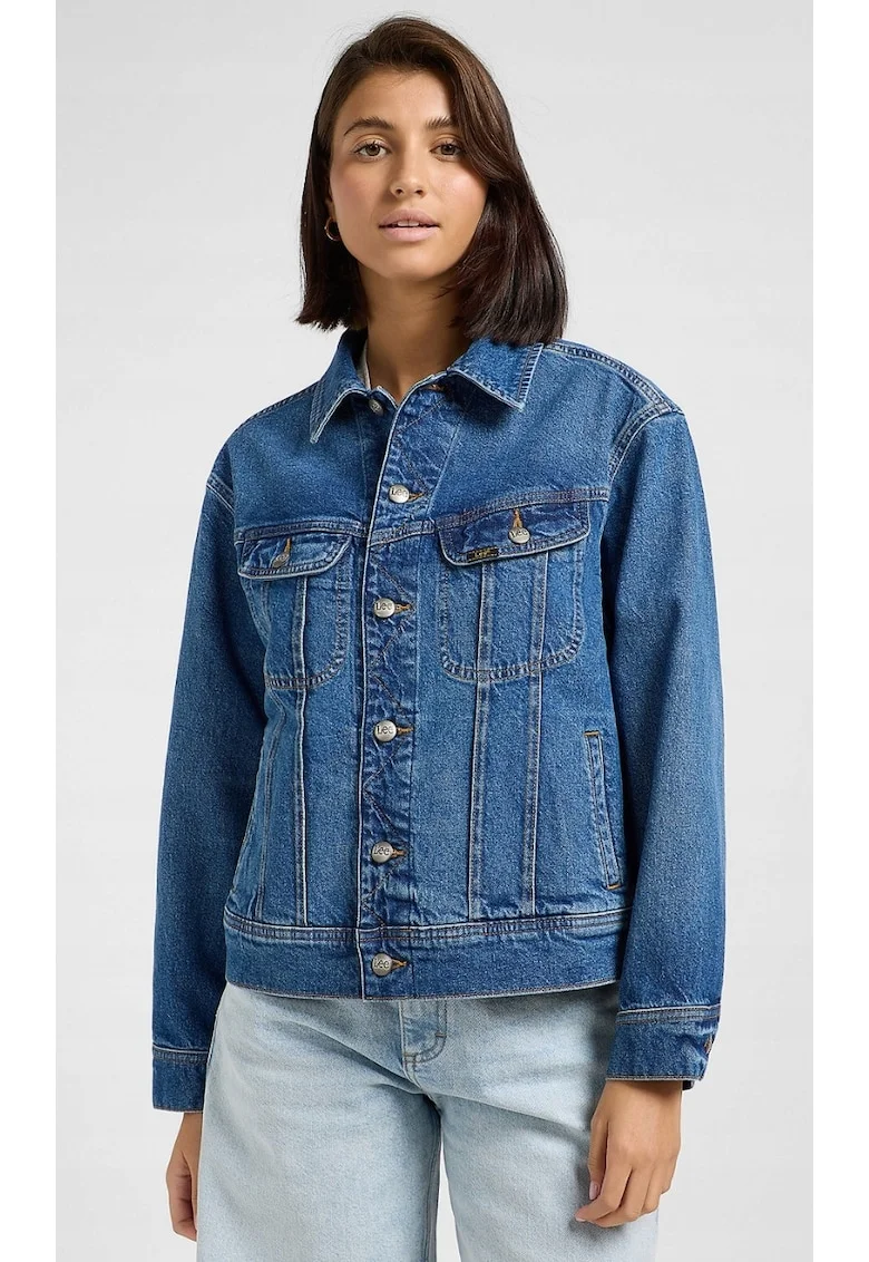 Geaca dama  Loose Rider, denim, albastru inchis, croiala larga, imprimeu pe spate