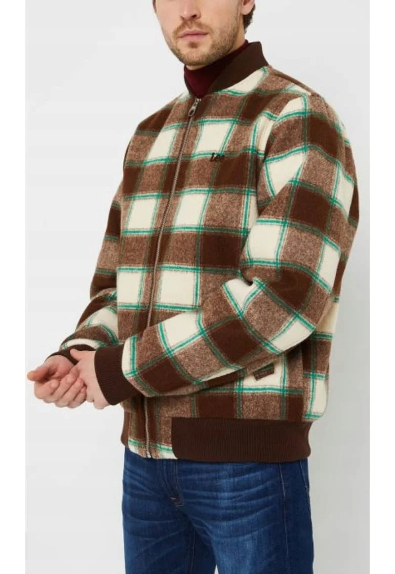 Geaca bomber barbati  din lana, captusita, culoare maro, fermoar, croiala regular fit