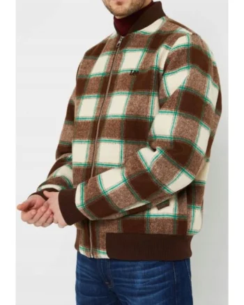 Geaca bomber barbati  din lana, captusita, culoare maro, fermoar, croiala regular fit
