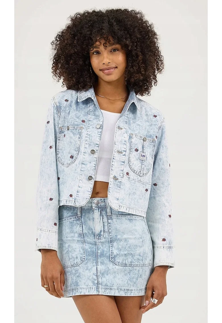 Geaca  Cropped Chore, bumbac, albastru, cu nasturi, pentru femei,