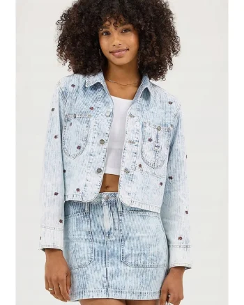 Geaca  Cropped Chore, bumbac, albastru, cu nasturi, pentru femei,