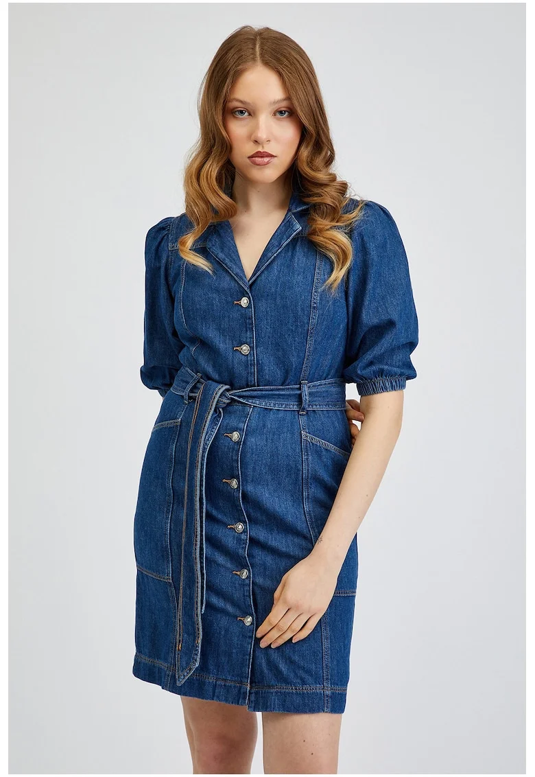Rochie de denim cu maneci bufante si cordon in talie, Bleumarin