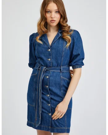 Rochie de denim cu maneci bufante si cordon in talie, Bleumarin
