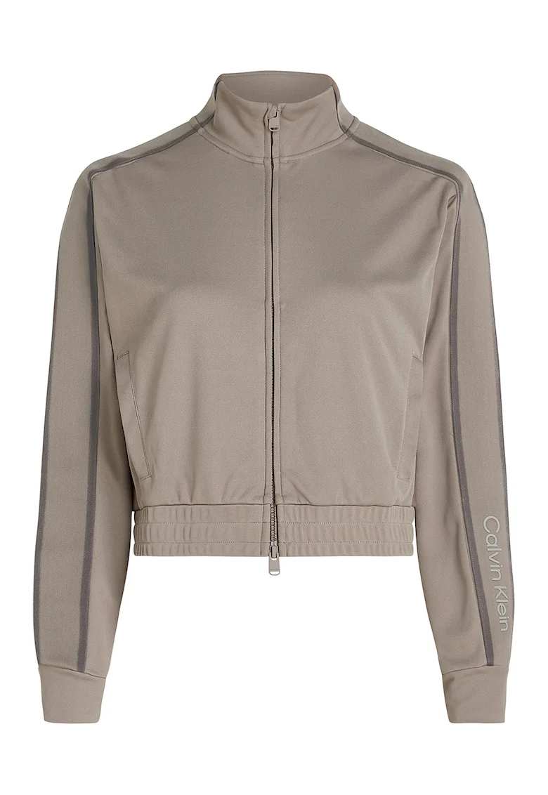Bluza de trening cu fermoar si logo pentru fitness, Maro taupe deschis