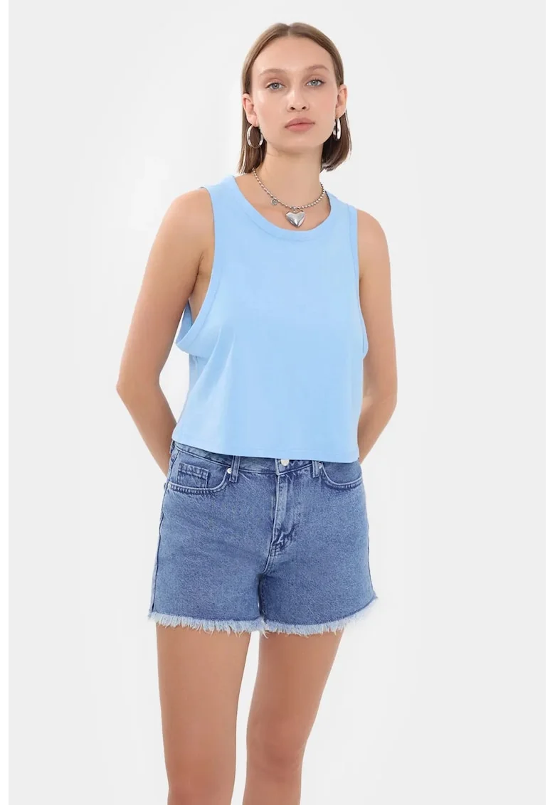 Top scurt,  fara maneci, decolteu rotund, bumbacdwqf, Albastru