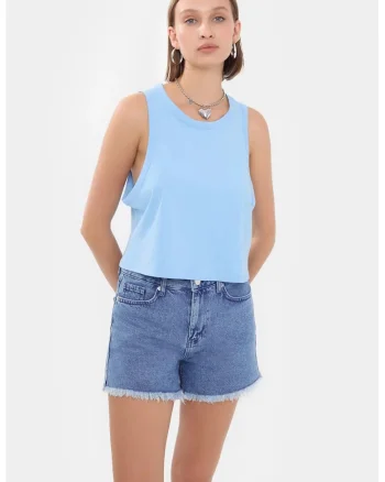 Top scurt,  fara maneci, decolteu rotund, bumbacdwqf, Albastru