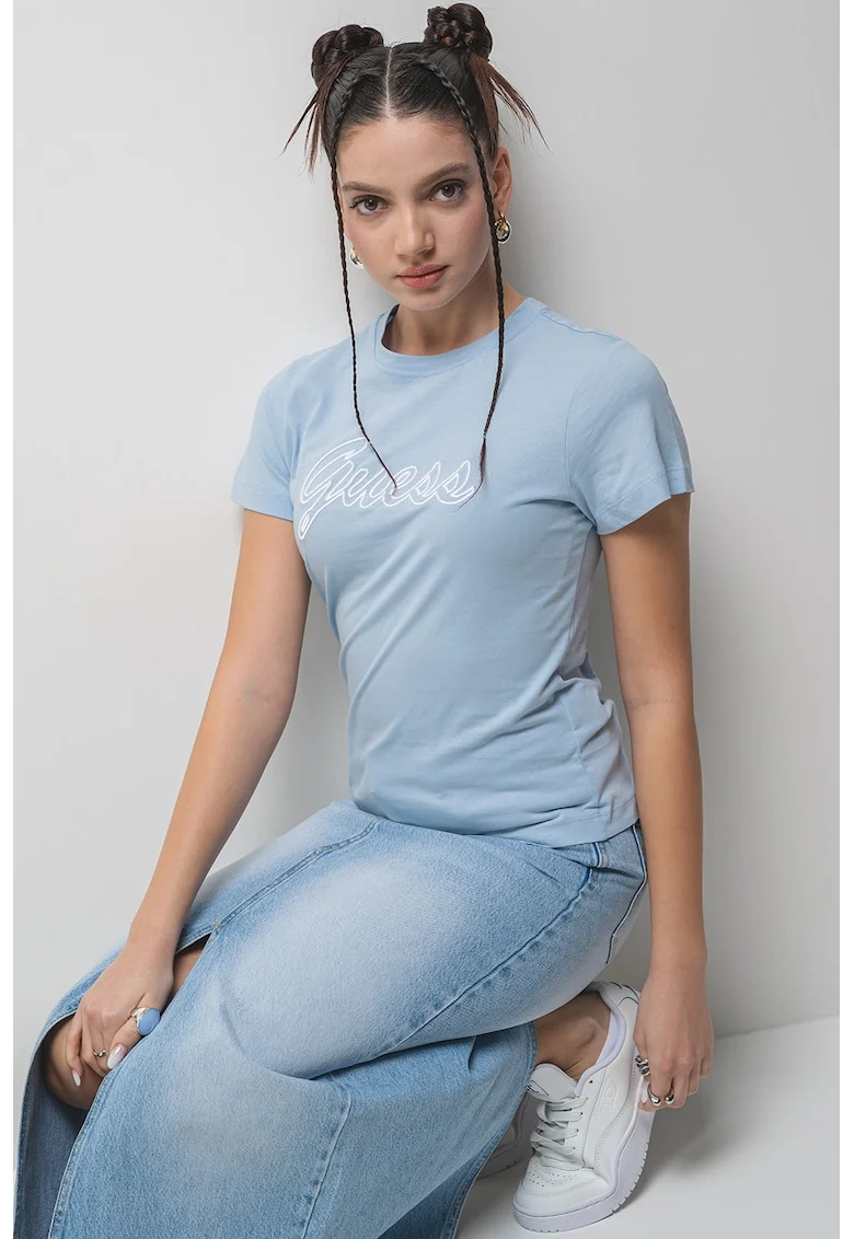 Tricou din bumbac cu decolteu la baza gatului, Albastru deschis