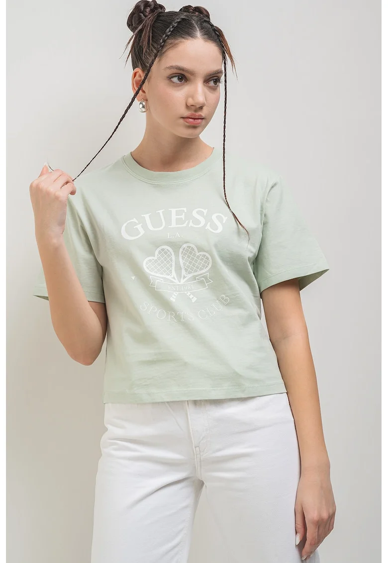 Tricou din bumbac cu decolteu la baza gatului si logo, Verde pal