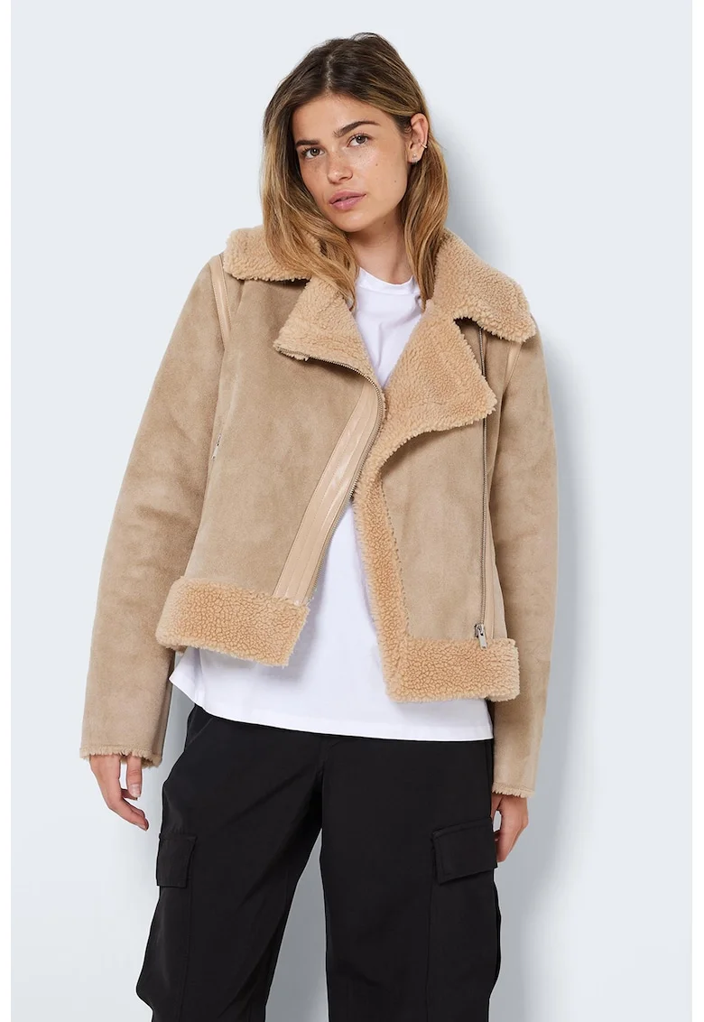 Jacheta aviator cu insertii de blana shearling sintetica, Maro camel