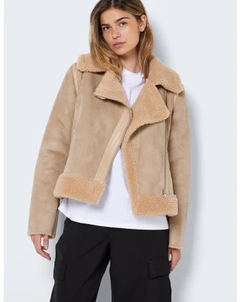 Jacheta aviator cu insertii de blana shearling sintetica, Maro camel