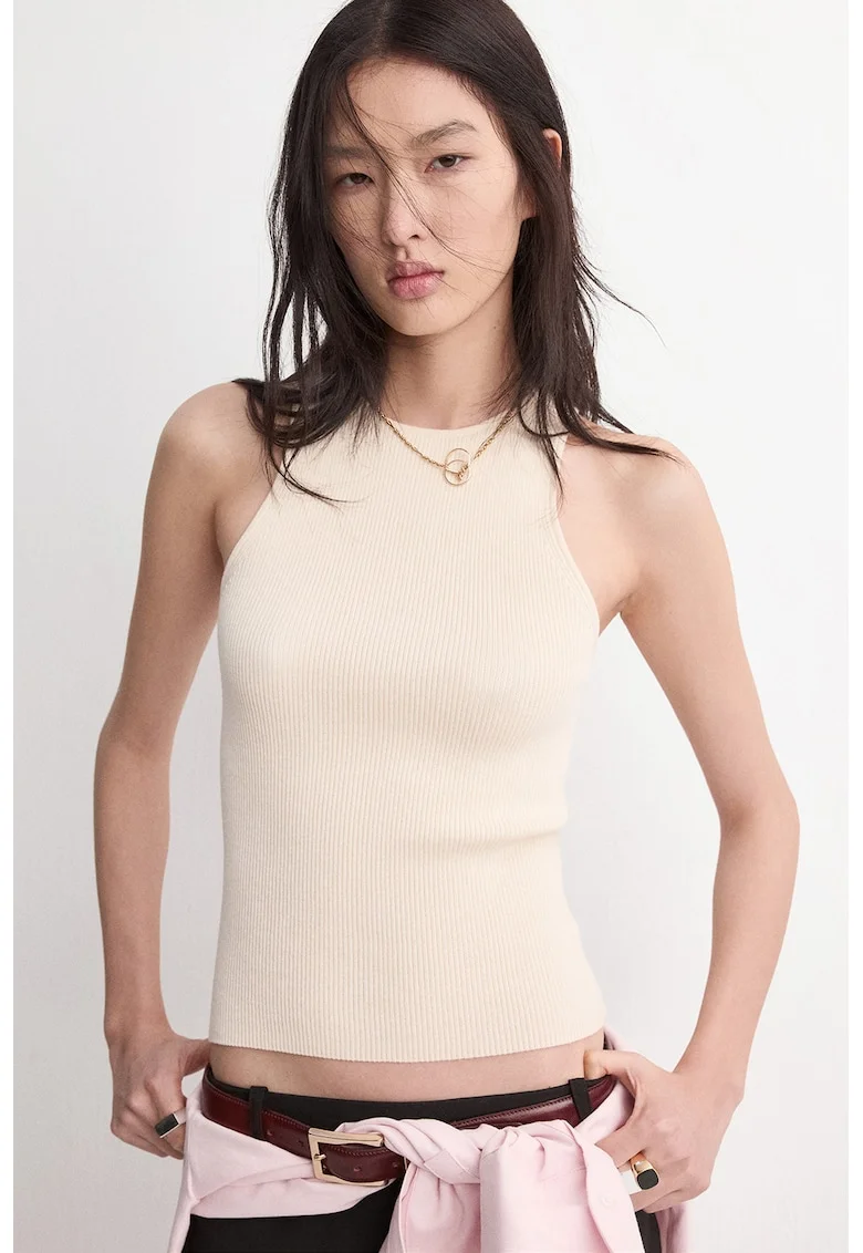 Top striat cu decolteu rotund, Bej deschis