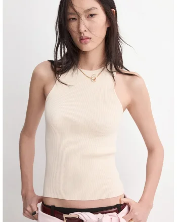 Top striat cu decolteu rotund, Bej deschis