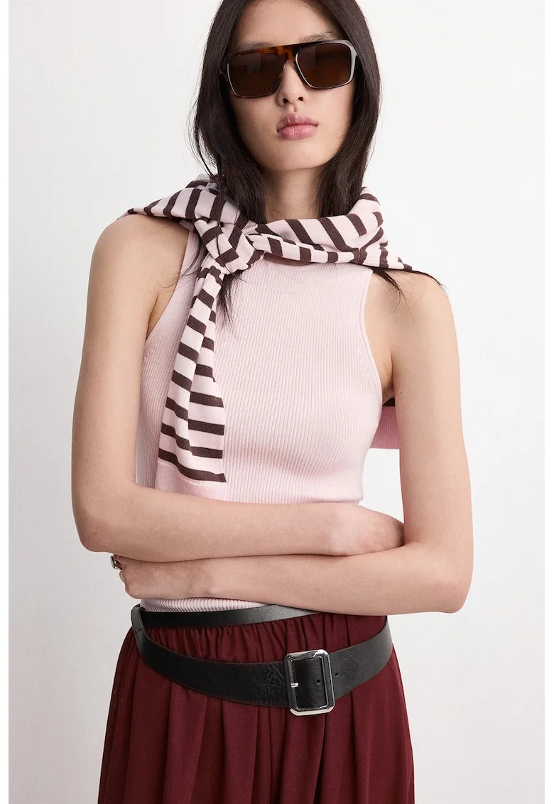 Top striat cu decolteu rotund, Roz pastel
