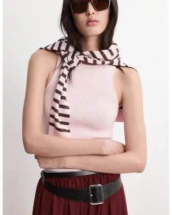 Top striat cu decolteu rotund, Roz pastel