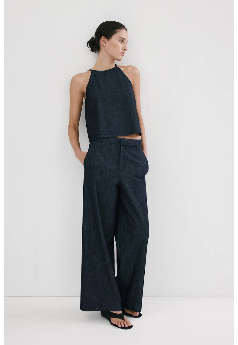 Top din denim cu decolteu halter, Bleumarin