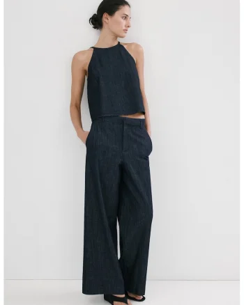 Top din denim cu decolteu halter, Bleumarin