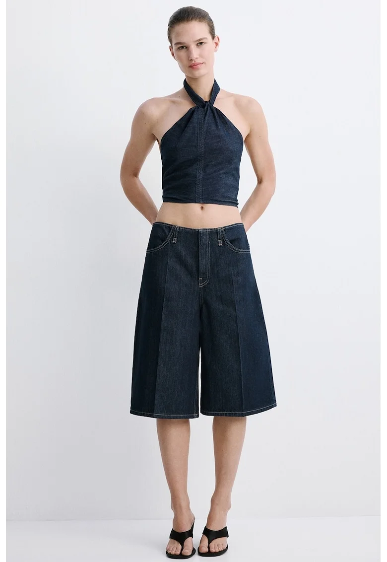 Top din denim cu decolteu halter, Bleumarin
