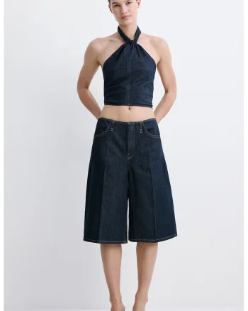 Top din denim cu decolteu halter, Bleumarin