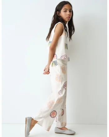 Pantaloni din amestec de in cu broderie, Alb