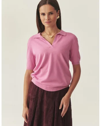 Tricou polo tricotat fin, Roz deschis