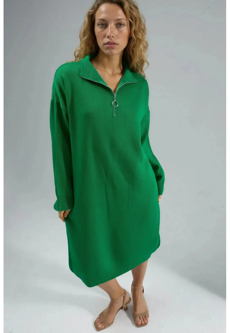 Rochie midi tricotata  verde, guler cu fermoar, tricot 100% acrilic,