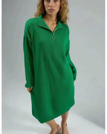 Rochie midi tricotata  verde, guler cu fermoar, tricot 100% acrilic,
