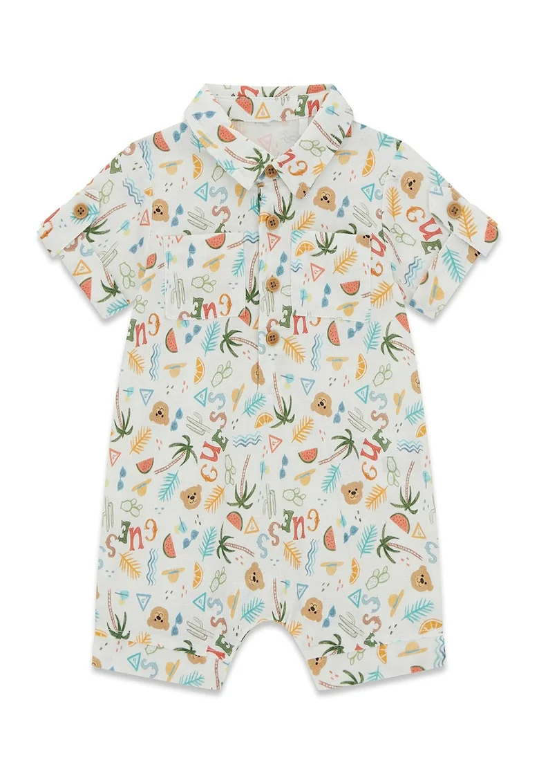 Salopeta scurta din amestec de in si bumbac si imprimeu, Multicolor
