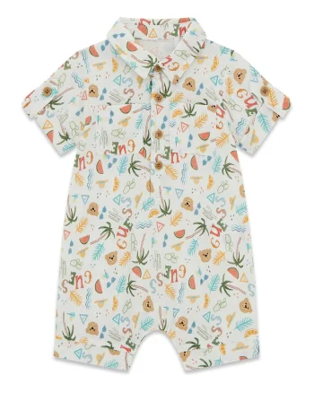 Salopeta scurta din amestec de in si bumbac si imprimeu, Multicolor