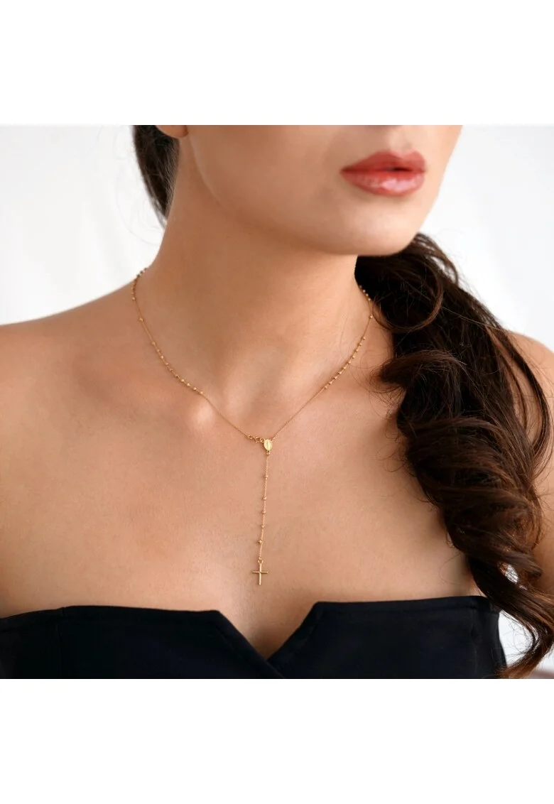Colier Rozariu 42 cm din Aur Galben de 14K cu Bile Diamantate si Lant Diamantat,  2.40g