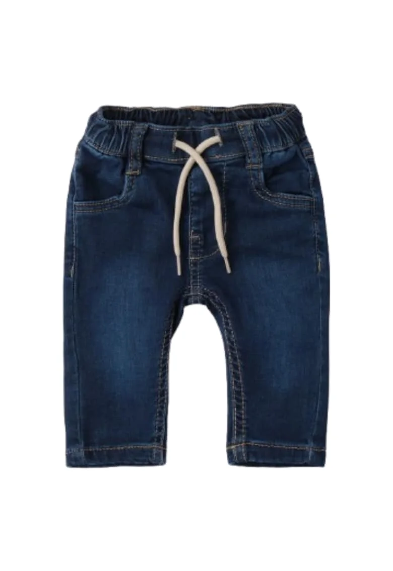 Pantaloni bebe baieti  din bumbac, denim cu snur in talie, Albastru inchis