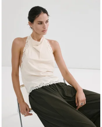 Top halter cu insertii de dantela, Bej deschis