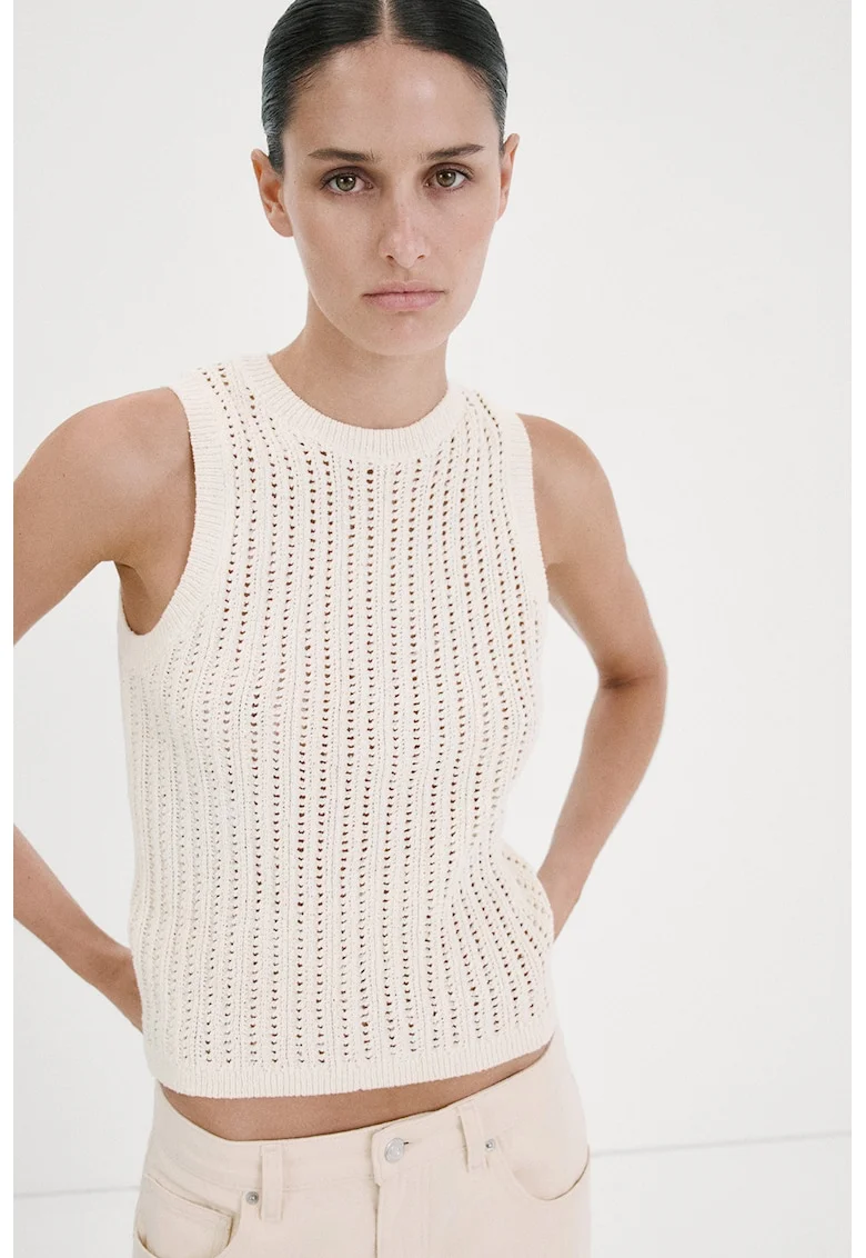 Top tricotat cu decolteu rotund, Bej deschis