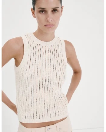 Top tricotat cu decolteu rotund, Bej deschis