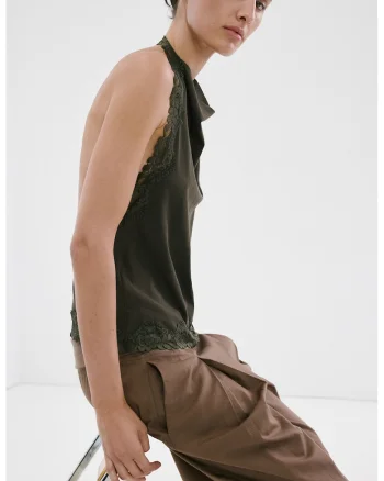 Top halter cu insertii de dantela, Kaki inchis