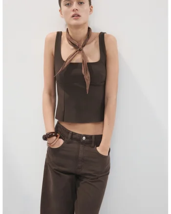 Top crop cu decolteu patrat, Maro inchis
