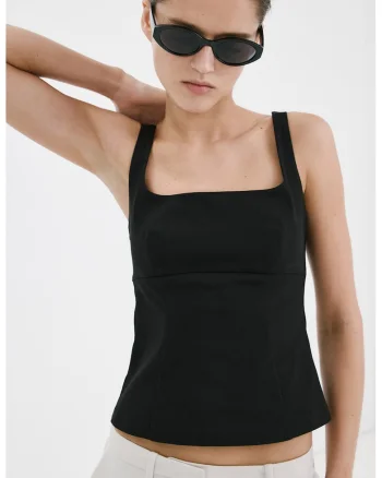 Top crop cu decolteu patrat, Negru