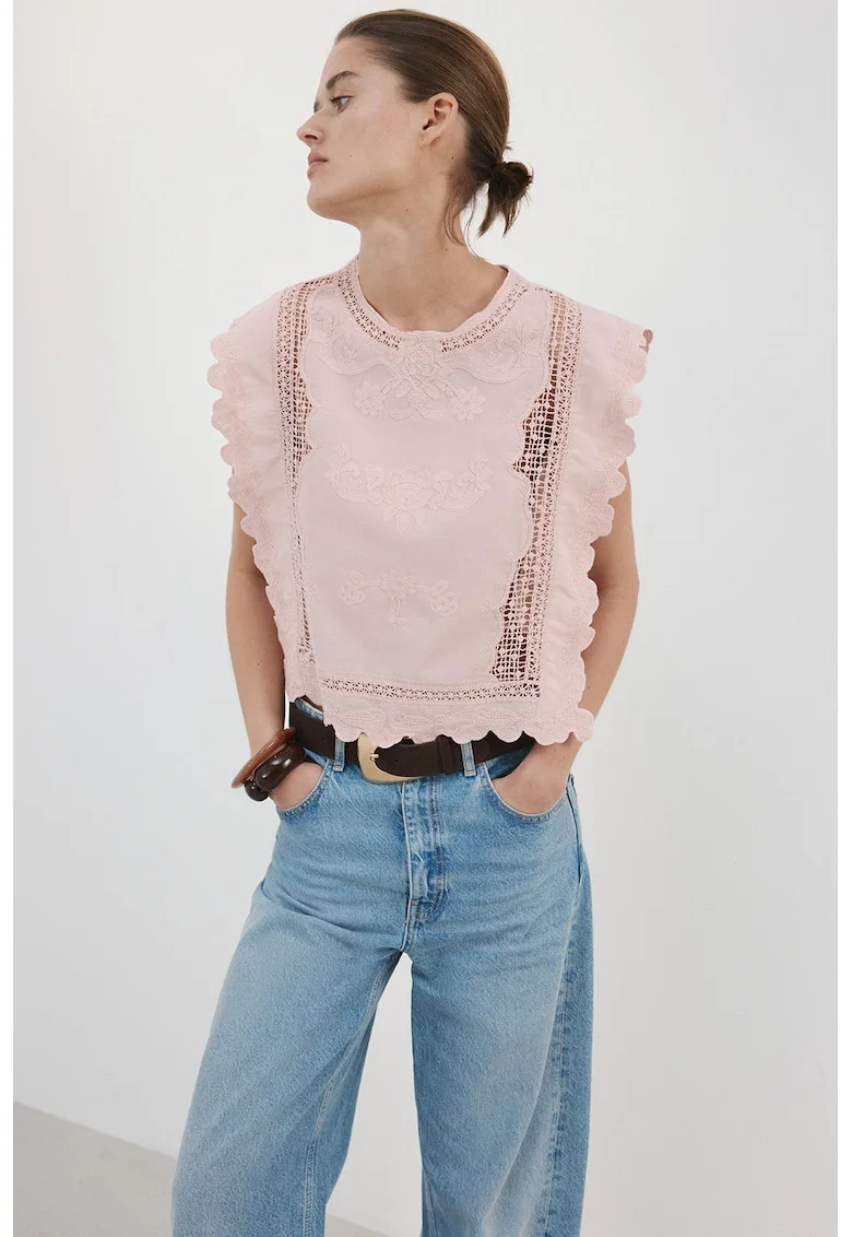 Top de bumbac cu decupaje, Roz pastel