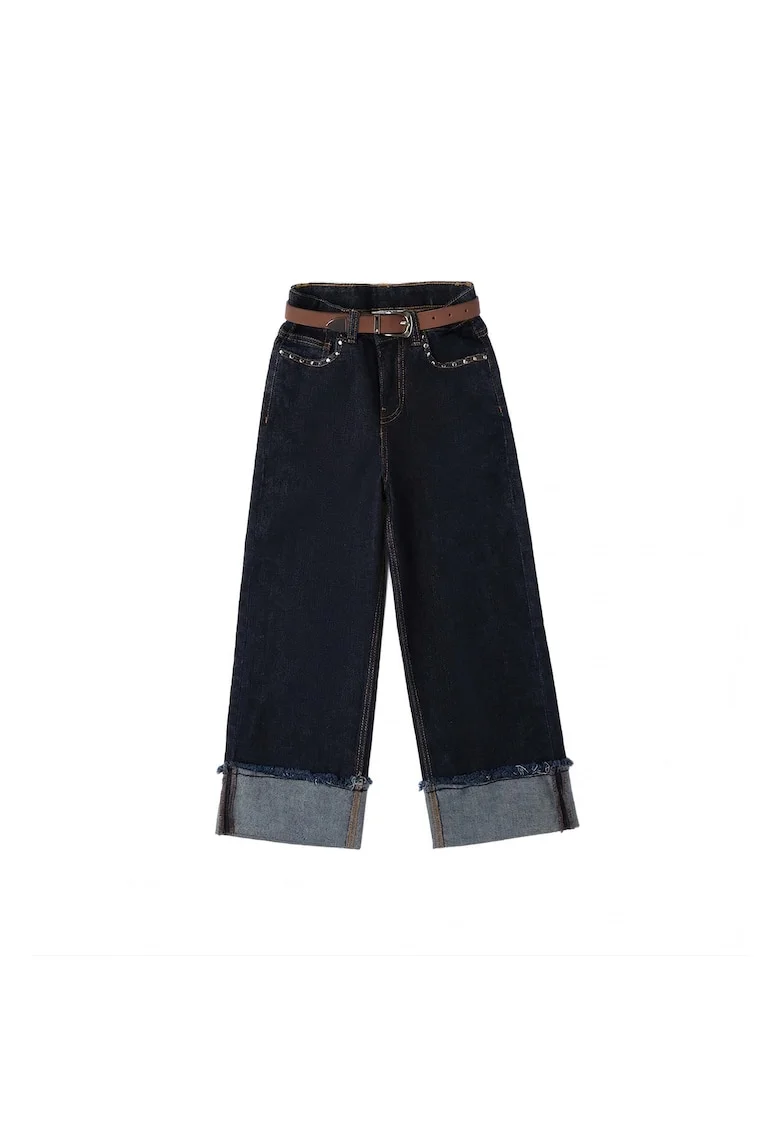 Blugi Fete  Wide Fit din Denim Elastic cu Tinte, Curea Inclusa si Talie Reglabila, Albastru Inchis